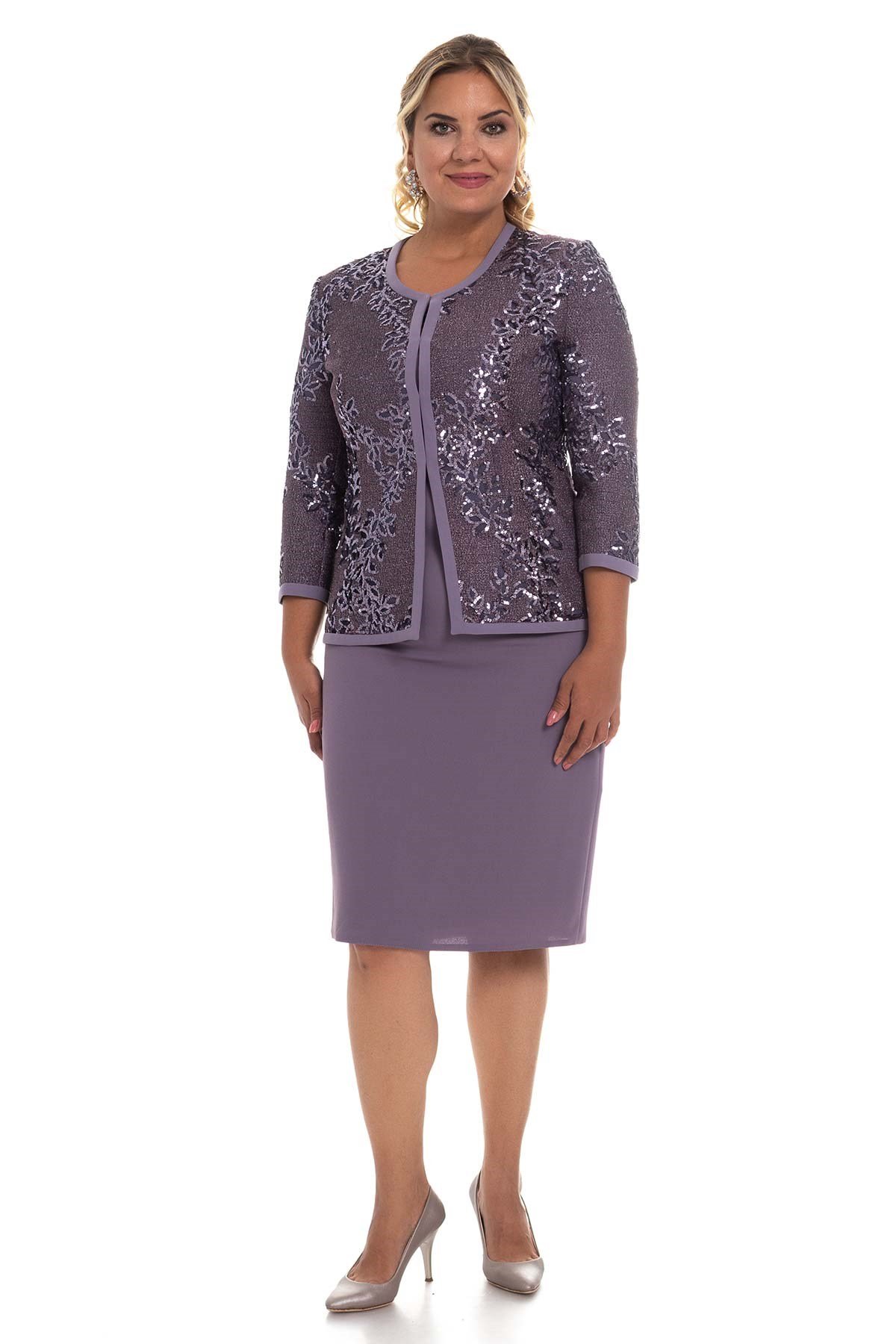 M-627 Büyük Beden Simli Pulpayet Kısa Elbise Ceket Takım