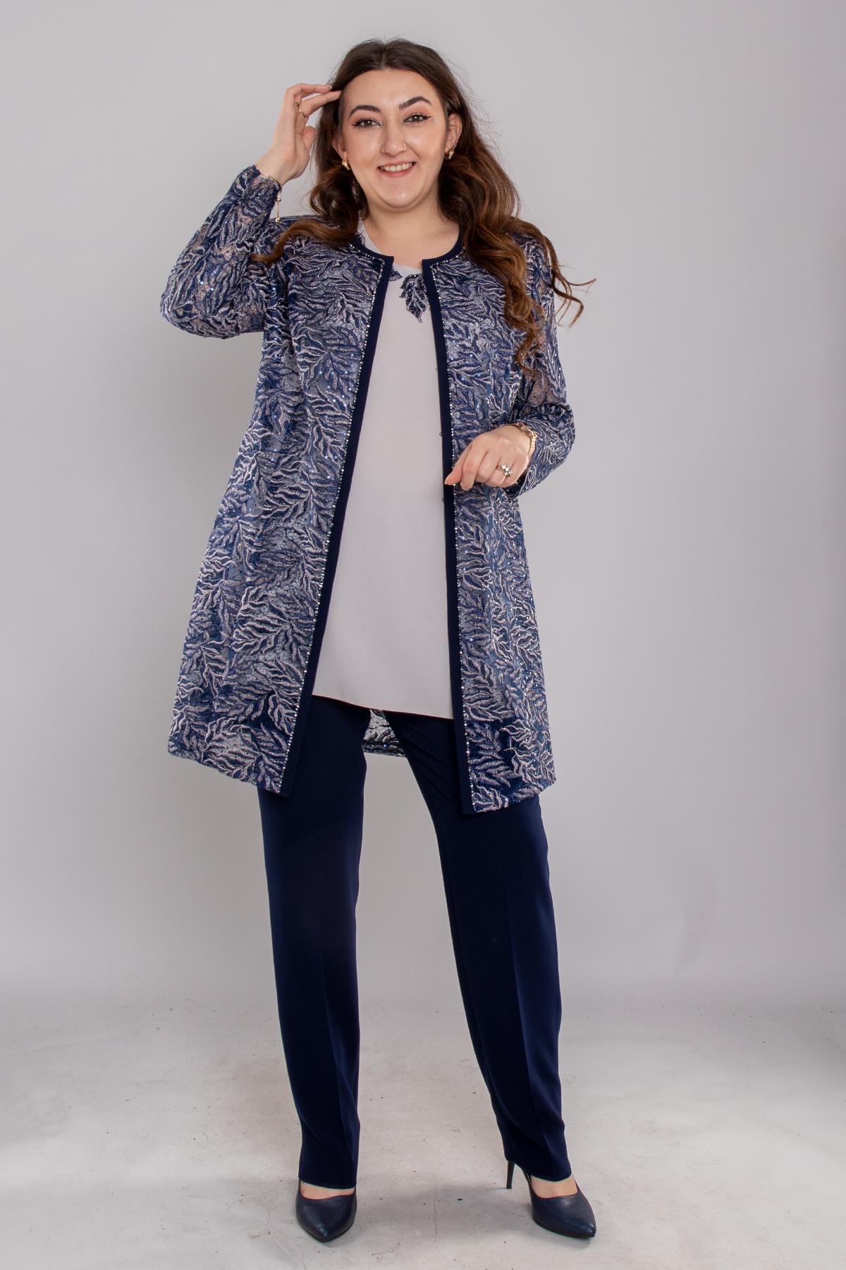 M-853 Büyük Beden Nakışlı Tül Detay Bluz Ceket Pantolon Üçlü Takım