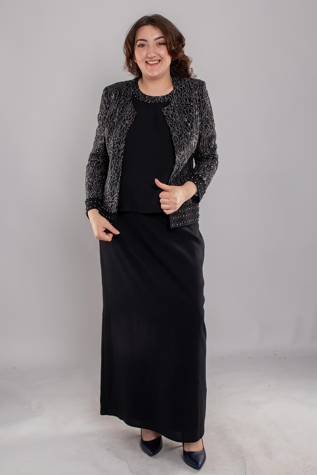 M-873 Büyük Beden Boncuklu Damar Desen Etek Bluz Ceket Üçlü Takım