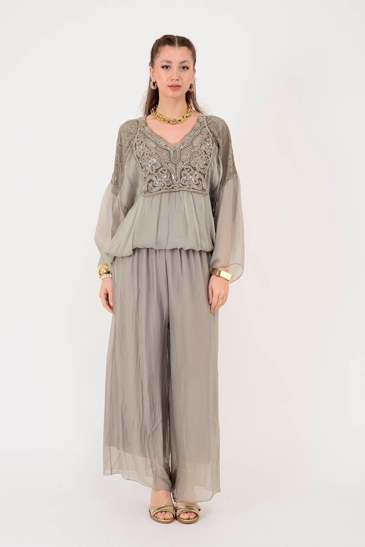 SN015 Düz Desen Lastikli İpek Pantolon