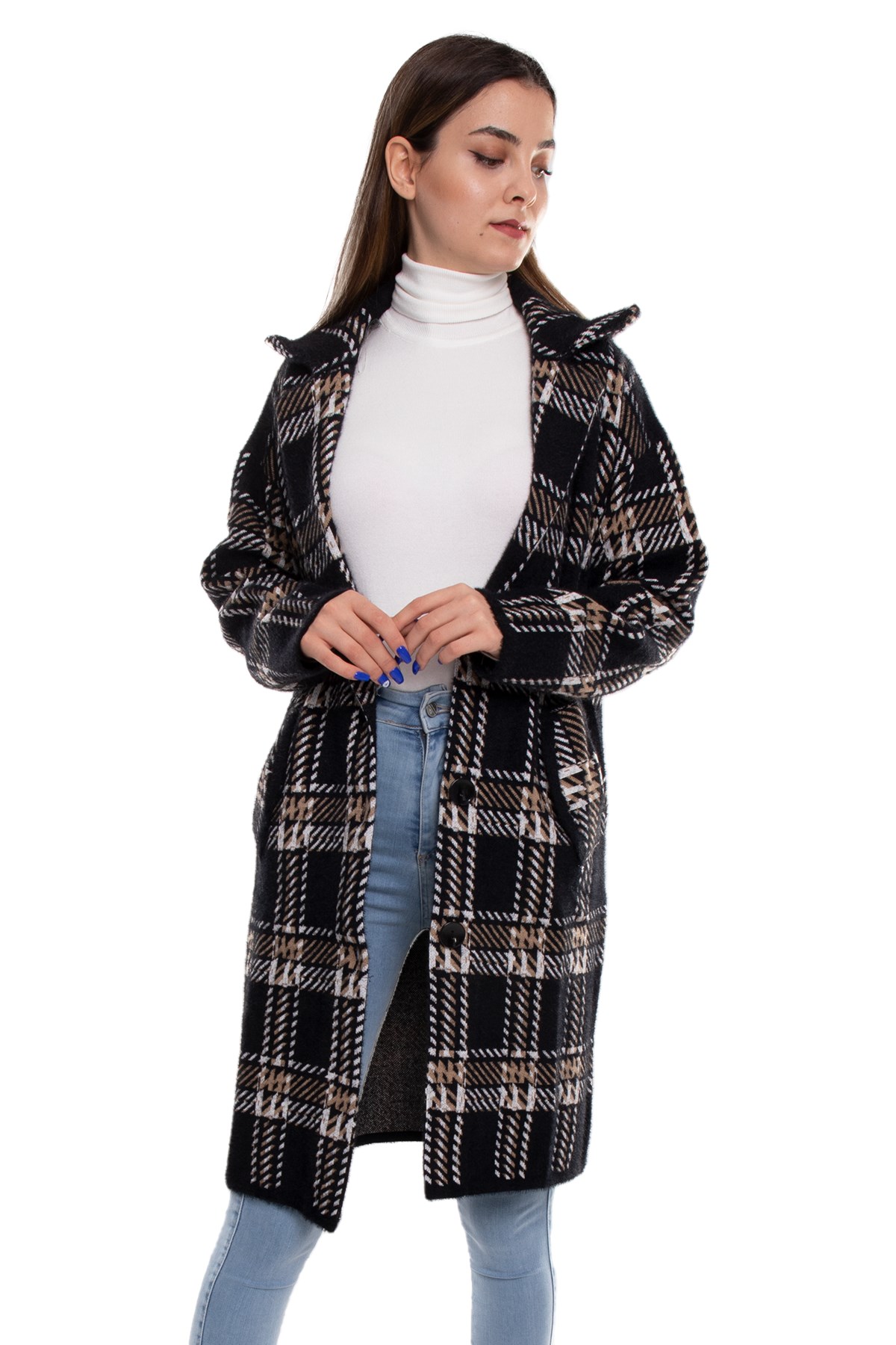 T93721 Kazayağı Desen Triko Uzun Ceket