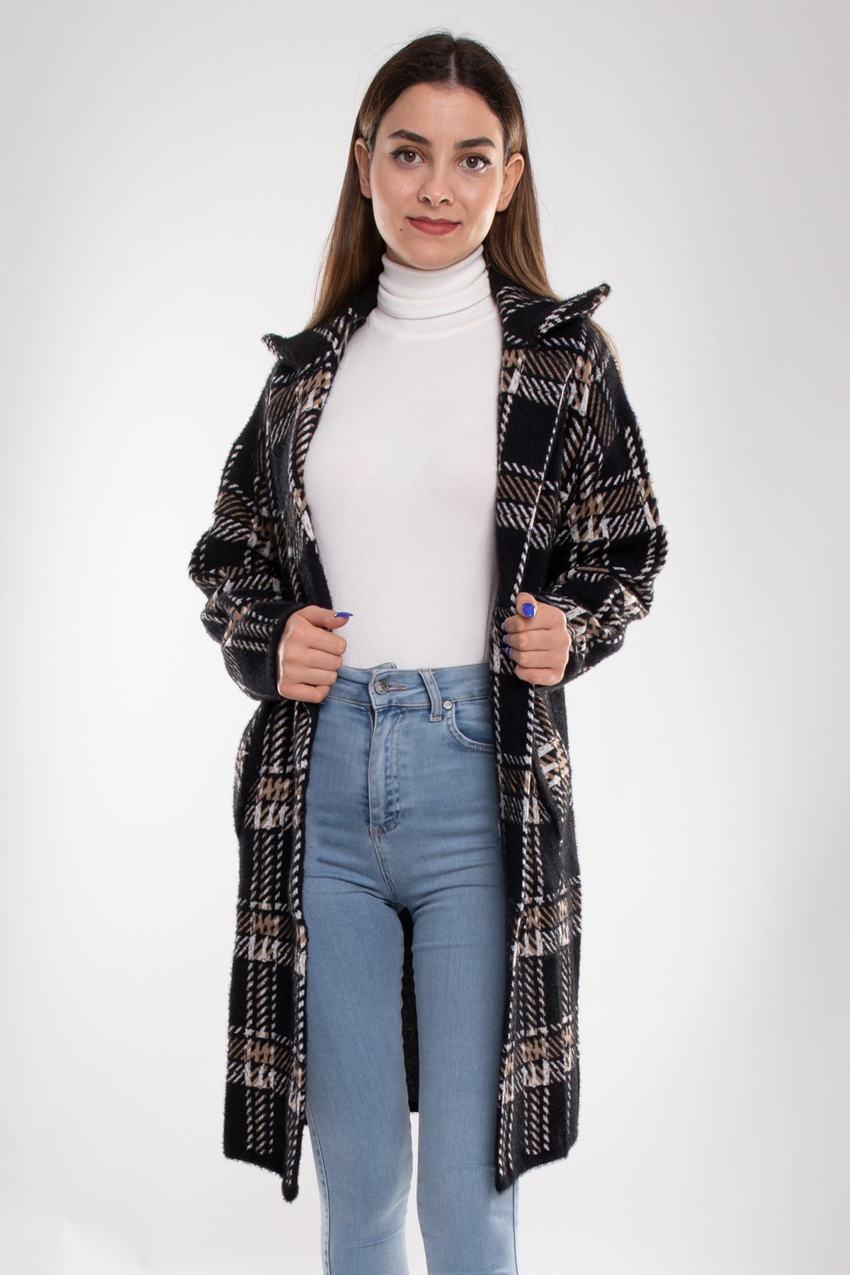T93721 Kazayağı Desen Triko Uzun Ceket