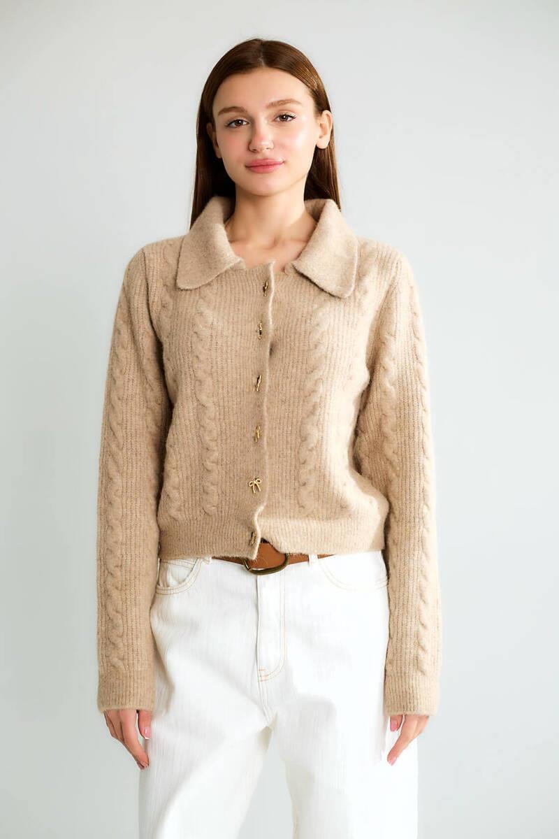 T95083 Fiyonk Düğmeli Polo Yaka Saç Örgü Crop Hırka