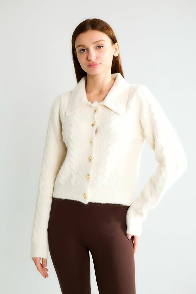 T95083 Fiyonk Düğmeli Polo Yaka Saç Örgü Crop Hırka