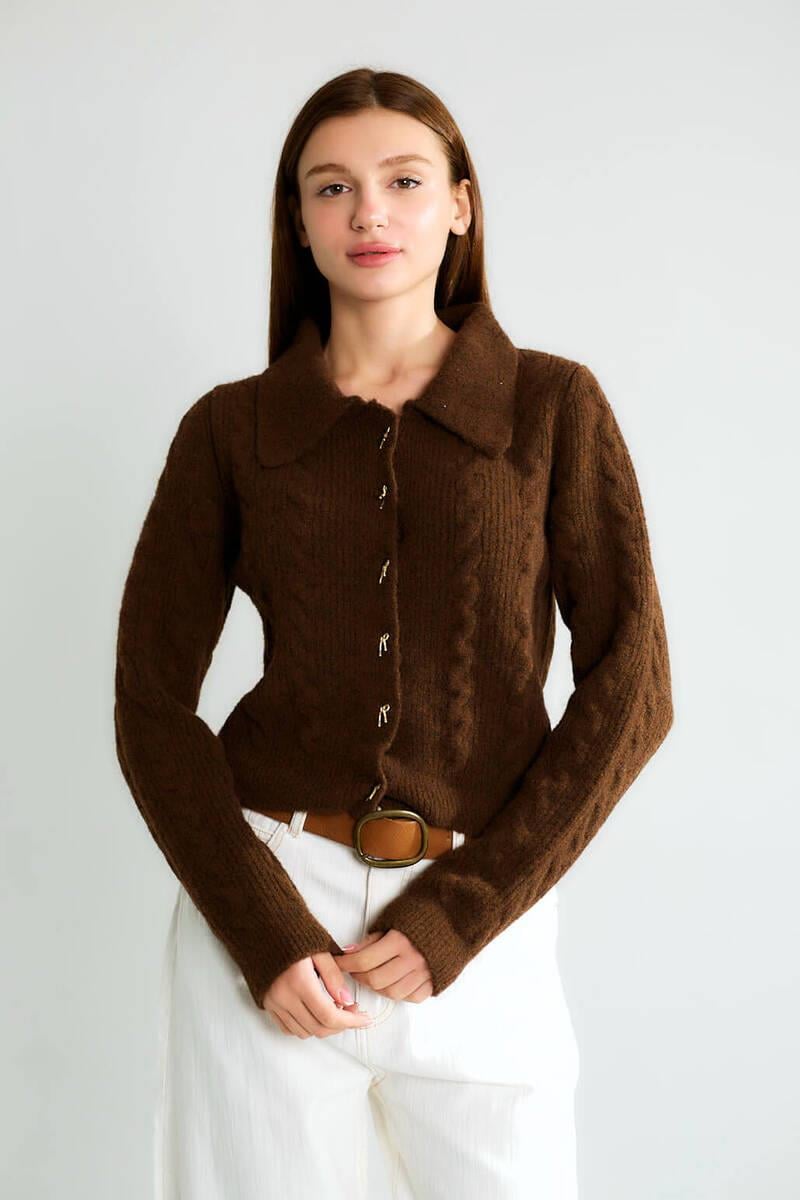 T95083 Fiyonk Düğmeli Polo Yaka Saç Örgü Crop Hırka