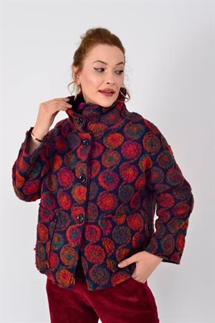 08023 Spiral Desen Düğmeli Kısa Keçe Mont