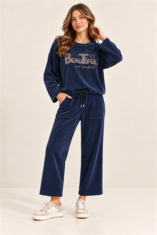 08915 Yazı Desen Sweat Pantolon Kadife Takım