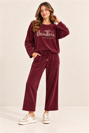 08915 Yazı Desen Sweat Pantolon Kadife Takım
