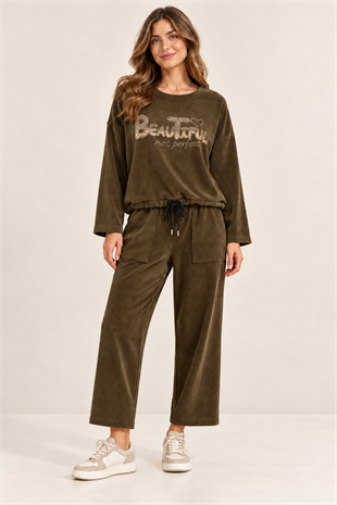 08915 Yazı Desen Sweat Pantolon Kadife Takım