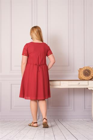 1003 Kanaviçe İşleme Kısa Kol Pamuk Otantik Elbise