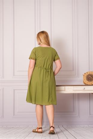 1003 Kanaviçe İşleme Kısa Kol Pamuk Otantik Elbise