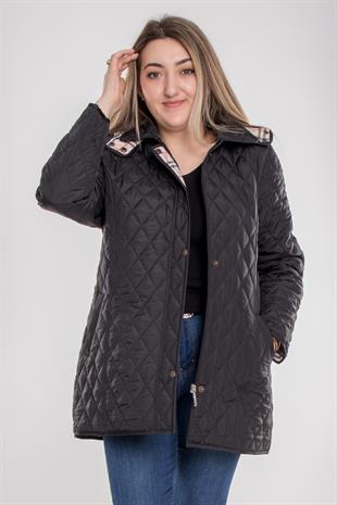 1004 Büyük Beden Kapitone Cep Fermuarlı Kapüşonlu Kadın Trençkot