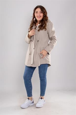 1009 Büyük Beden Kol Katlama Kapüşonlu Beli Bağcıklı Kadın Trençkot