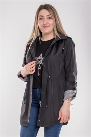 1009 Büyük Beden Kol Katlama Kapüşonlu Beli Bağcıklı Kadın Trençkot