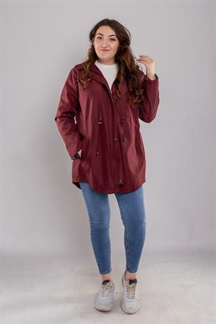 1009 Büyük Beden Kol Katlama Kapüşonlu Beli Bağcıklı Kadın Trençkot