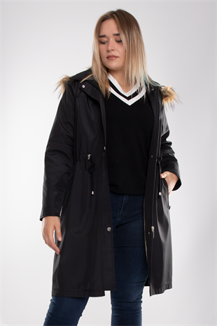 1010 Büyük Beden Kapşonlu Fermuarlı Beli Bağcıklı Uzun Kap