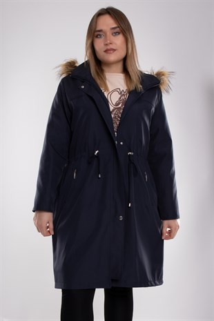 1011 Battal Beden İçi Kürklü Beli Bağcıklı Kapşonlu Uzun Mont