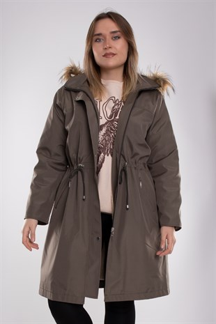 1011 Battal Beden İçi Kürklü Beli Bağcıklı Kapşonlu Uzun Mont