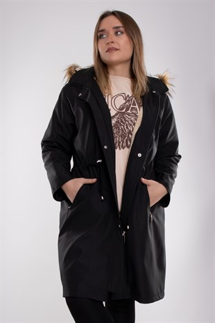 1011 Battal Beden İçi Kürklü Beli Bağcıklı Kapşonlu Uzun Mont