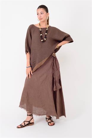 1013 Tokalı Kemerli Saçak Detay Düz Desen Keten Etek