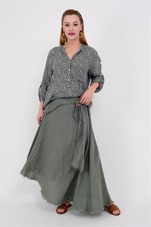 1013 Tokalı Kemerli Saçak Detay Düz Desen Keten Etek