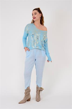 10156H Düz Desen Kemer Detaylı Keten Pantolon