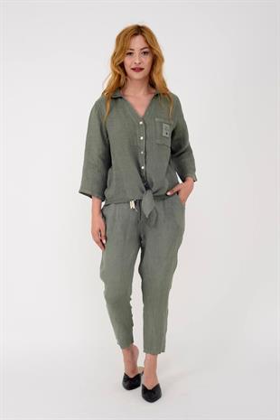 10156H Düz Desen Kemer Detaylı Keten Pantolon