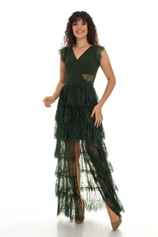 1016 KB Dantel Detay Eteği Katlı Abiye Elbise