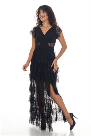 1016 KB Dantel Detay Eteği Katlı Abiye Elbise