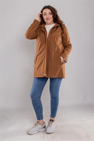 1017 Büyük Beden Cep Fermuarlı Beli Bağcıklı Kapüşonlu Kadın Trençkot