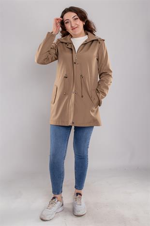 1018 Büyük Beden Beli Bağcıklı Kapşonu ÇıkmalıFermuar ve Çıtçıtlı Yağmurluk