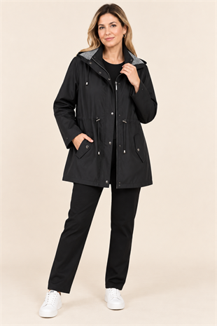 1018 Büyük Beden Beli Bağcıklı Kapşonu ÇıkmalıFermuar ve Çıtçıtlı Yağmurluk