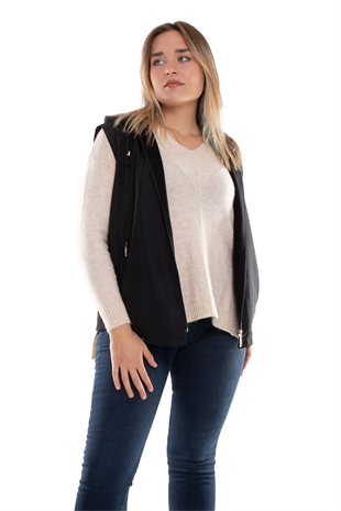 1024 Büyük Beden İçi Polar Kapşonlu Kadın Yelek