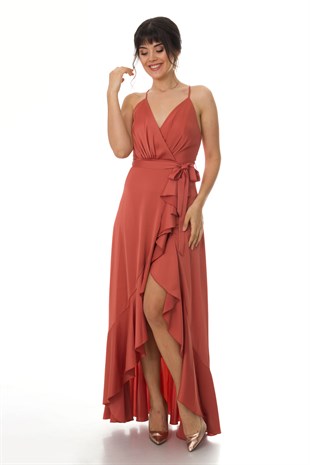 1026 KB Saten Eteği Katkat Uzun Elbise