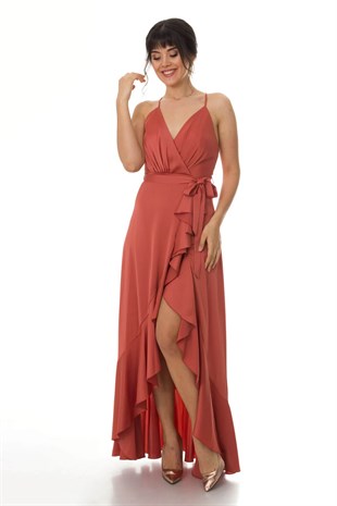 1026 KB Saten Eteği Katkat Uzun Elbise