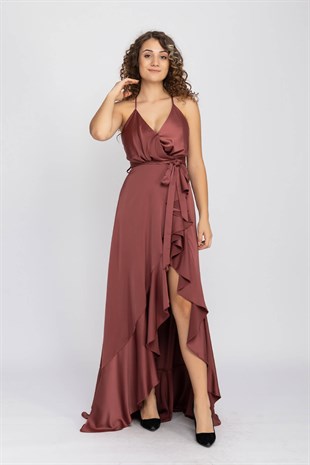 1026 KB Saten Eteği Katkat Uzun Elbise