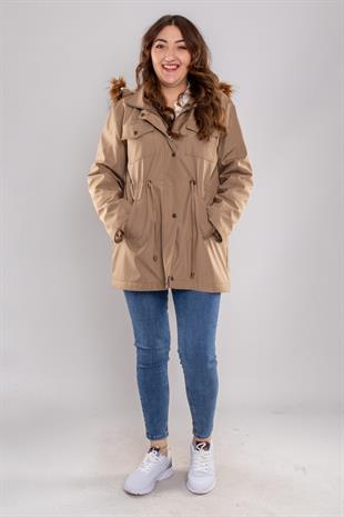 1027 Büyük Beden İçi Kürklü Kapüşonlu 4 Cep Beli Bağcıklı Kadın Kap