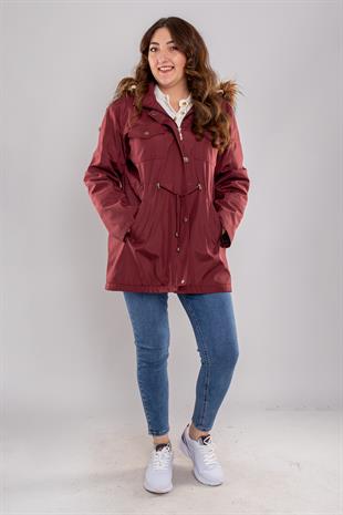 1027 Büyük Beden İçi Kürklü Kapüşonlu 4 Cep Beli Bağcıklı Kadın Kap