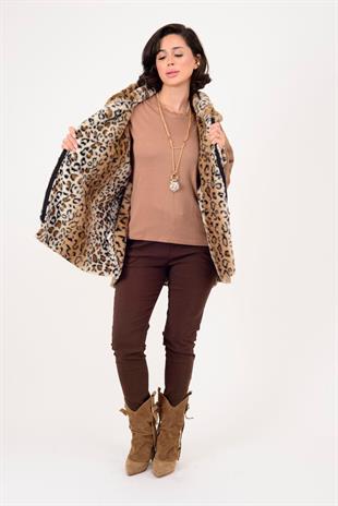 10299-10 Leopar Desen İçi Peluş Kürklü Kapüşonlu Kadın Keçe Kaban