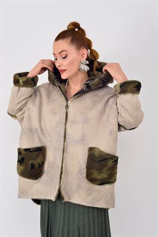 10299-13 Kamuflaj Desen İçi Polar Kapüşonlu Deri Kaban