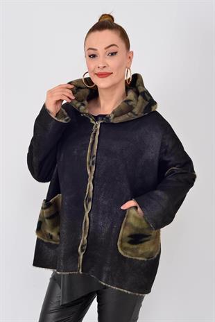 10299-13 Kamuflaj Desen İçi Polar Kapüşonlu Deri Kaban