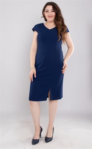 103 Büyük Beden Vyaka Patı Eteği Taşlı Kısa Krep Elbise