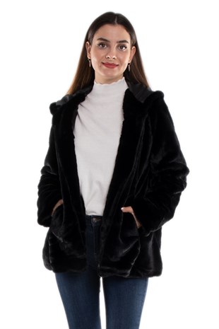 1030-1 Büyük Beden Kapüşonlu Peluş Kürklü Ceket