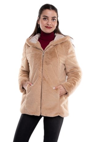 1030-1 Büyük Beden Kapüşonlu Peluş Kürklü Ceket
