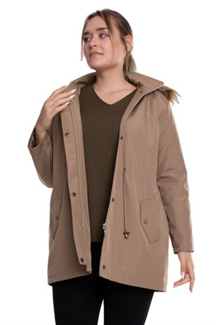 1033 Büyük Beden İçi Kürklü Cep Çıtçıtlı Beli Bağcıklı Kap