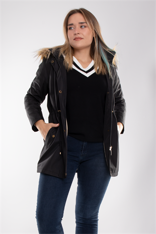 1033 Büyük Beden İçi Kürklü Cep Çıtçıtlı Beli Bağcıklı Kap