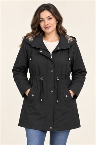 1037 Büyük Beden Cep Detay Kapüşonlu Beli Bağcıklı Kadın Trençkot