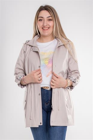 1037 Büyük Beden Cep Detay Kapüşonlu Beli Bağcıklı Kadın Trençkot