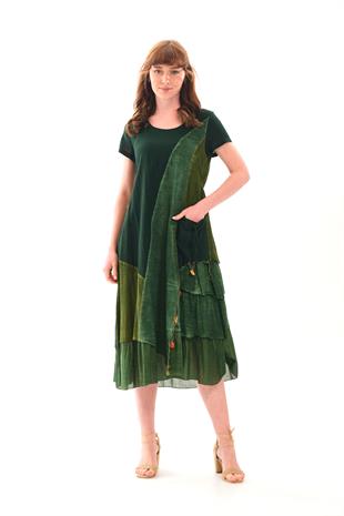 1040 Asimetrik Renkli Kısa Kol Otantik Elbise