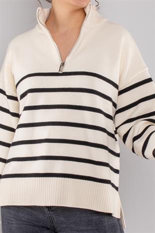 10436 Yarım Balıkçı Fermuarlı Çizgili Viscon Kazak